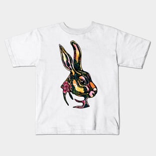 Floral rabbit hand drawn illustration, hippie decorative bunny face Kids T-Shirt